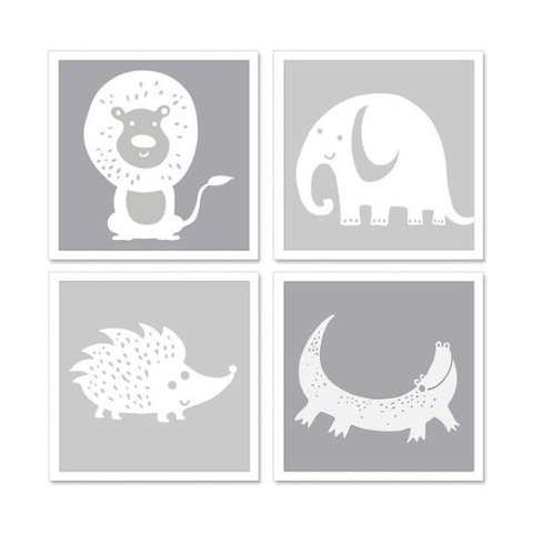 Kit Quadro Decorativo Infantil com Moldura Bichinhos Cinza