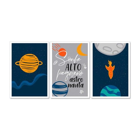 Kit Quadro Decorativo Infantil com Moldura Astronauta Foguete