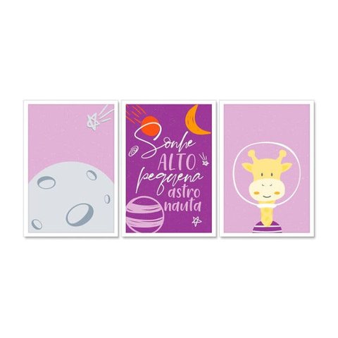 Kit Quadro Decorativo Infantil com Moldura Sonhe Alto Pequena Astronauta