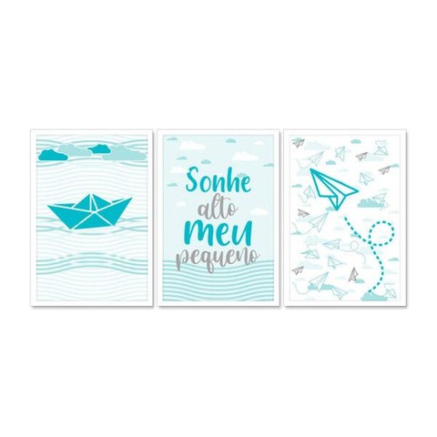 Kit Quadro Decorativo Infantil com Moldura Barco Avião Menino