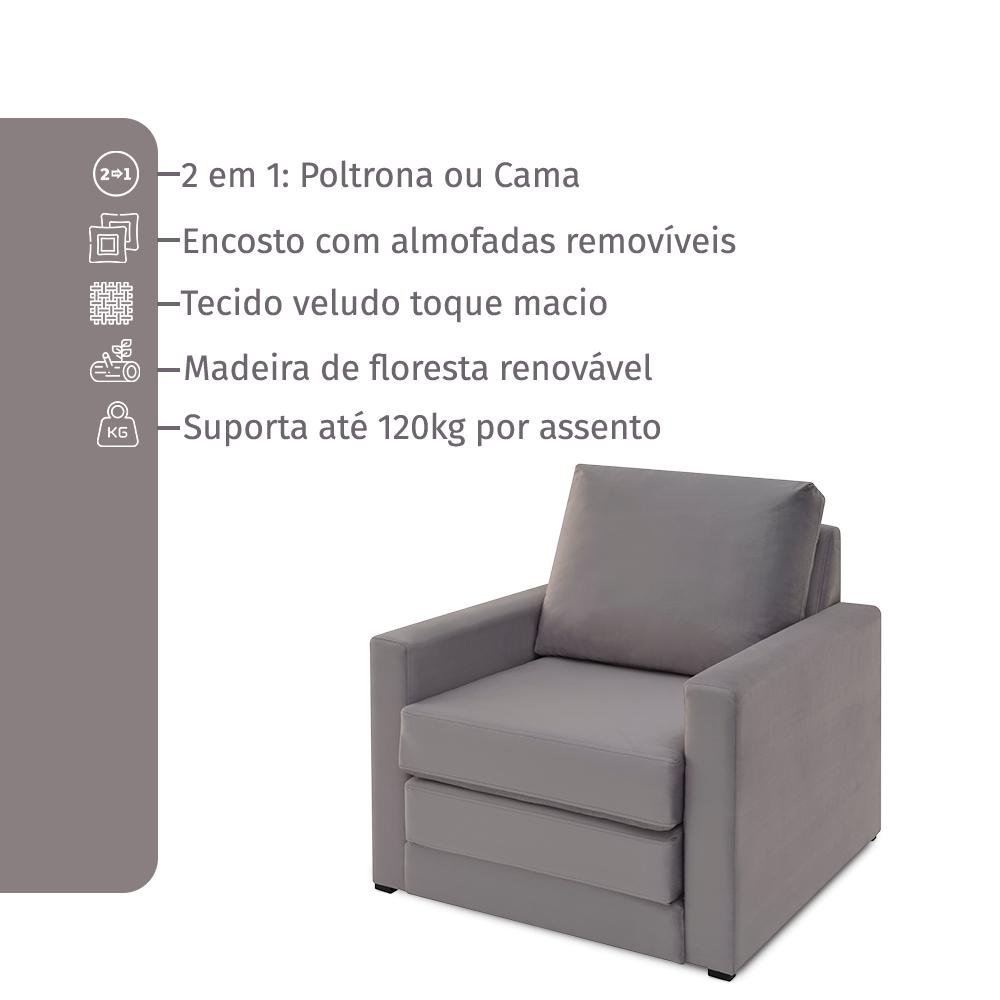 Poltrona Simi 2 em 1 Poltrona Cama Cinza Claro Estofama - 4