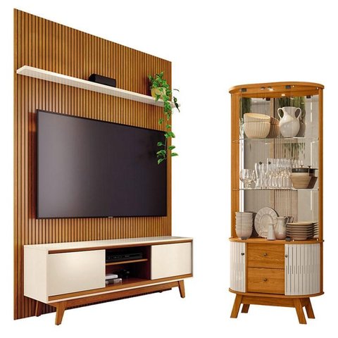 Estante Home Theater com Bancada Suspensa Milo com Cristaleira Moss Cinamomo Off White - Madetec