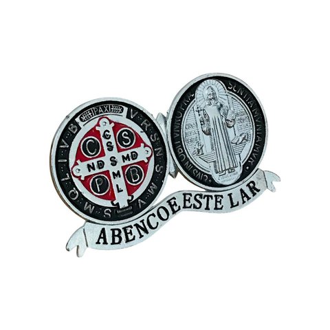 Adorno Medalhão de Mesa Medalha de São Bento Metal Prateado