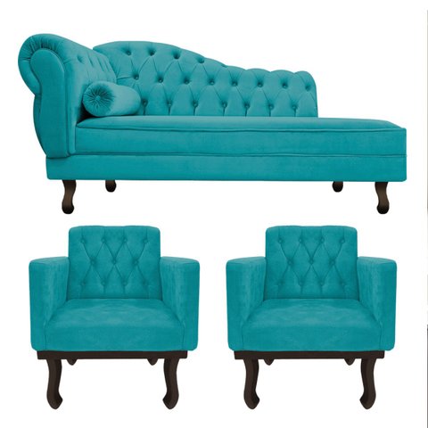 Kit Diva Recamier Diana 185cm Lado Direito e 02 Poltronas Classic Suede Azul Turquesa - ADJ Decor