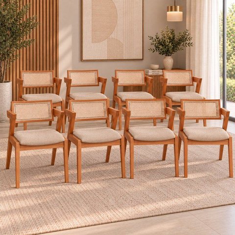 Kit 8 Cadeiras Madeira Maciça Rattan de Fibra Natural Estofada Verona Espresso Móveis