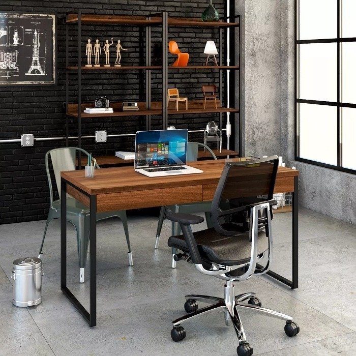 Mesa Escritório Office Estilo Industrial 1,35m C/ 2 Gavetas