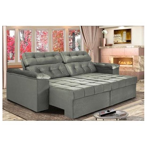 Sofá 3 Lug Retrátil Reclinável Glamour 2,25m Suede Cinza- WS