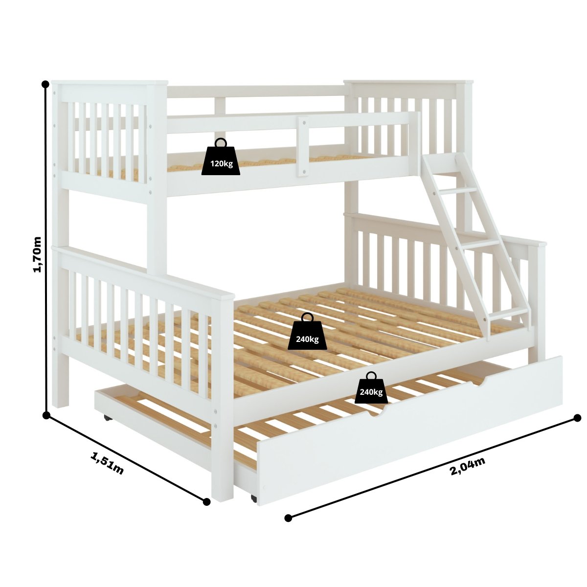 Beliche Casal Solteiro de Madeira Merk com Cama Auxiliar Casal - 4