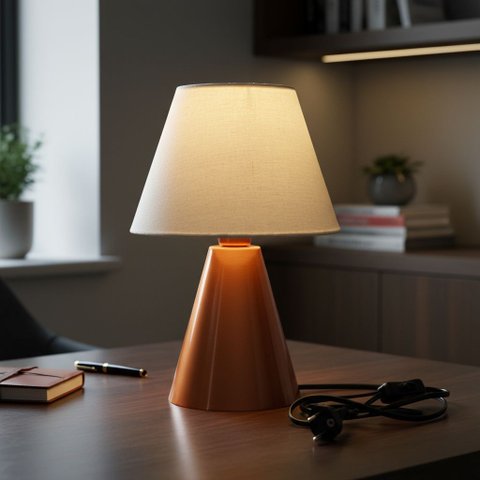 Luminária de Mesa Abajur Cone Cobre Alumínio Bivolt com Cúpula Tecido Algodão