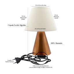 Abajur Luminária de Mesa Cone de Cobre com Cúpula Algodão Bege para Sala, Quarto ou Cabeceira Cama - 3