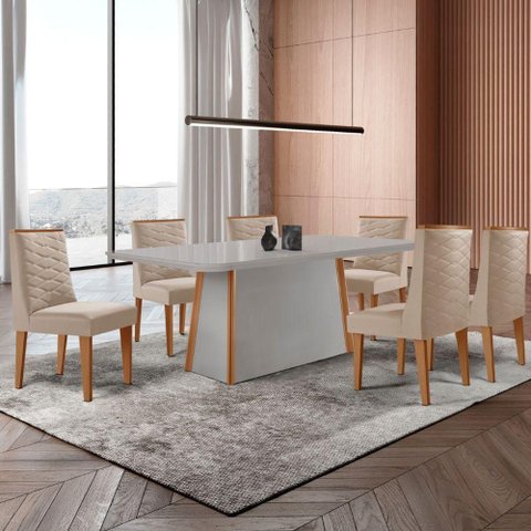 Mesa de Jantar Diane 180cm Tampo MDF Vidro 6 Cadeiras Safira Moderna Veludo Creme Off White Naturale