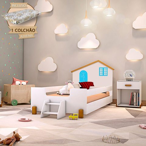 Cama Montessoriana Infantil Juvenil Belissima Azul - Branco e Mel + Colchão - Branco