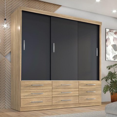 Guarda-Roupa Casal 3 Portas Correr 9 Gavetas Capri