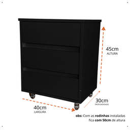 Mesa de Cabeceira para Apoio com 3 Gavetas Decorativo Rodizio em Gel de Chão 40x45x30cm Preto - 2