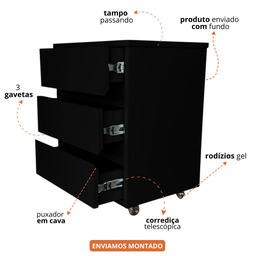 Mesa de Cabeceira para Apoio com 3 Gavetas Decorativo Rodizio em Gel de Chão 40x45x30cm Preto - 3