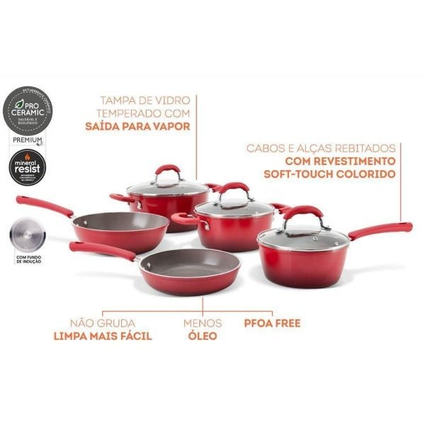 Conjunto de Panelas Brinox 5 Peças Cerâmica Life com Indução Select - Vermelho - 2