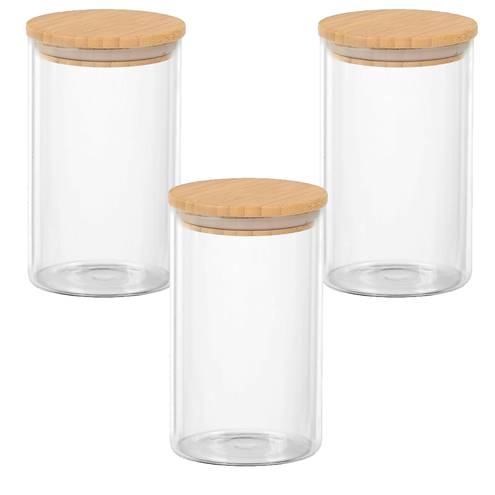 Kit 3 Potes 450ml de Vidro Mantimentos Tampa de Bambu 6,5 X 15cm