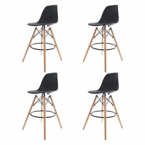 4 Banquetas Com Encosto Alto Base Madeira Wood Preto