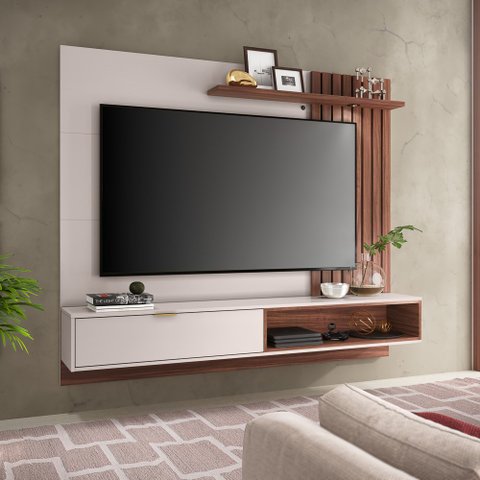 Painel Bancada Suspensa Para TV até 65 Pol. 180cm Ripado Palmas C05 Off White/Nogueira - Mpozenato