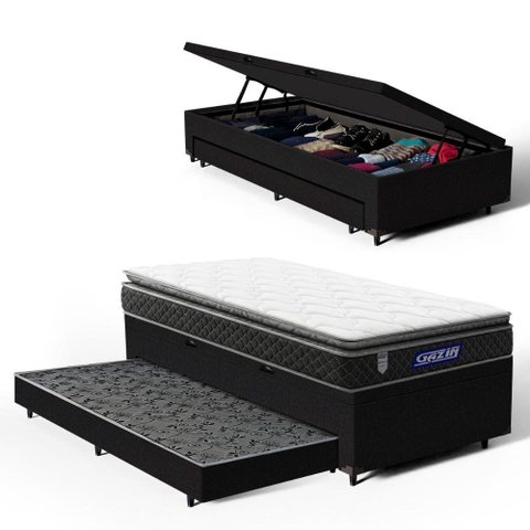 Cama Box Baú com Colchão Gazin de Espuma D28 Pillow Top Ortoblack + Auxiliar de Espuma Solteiro