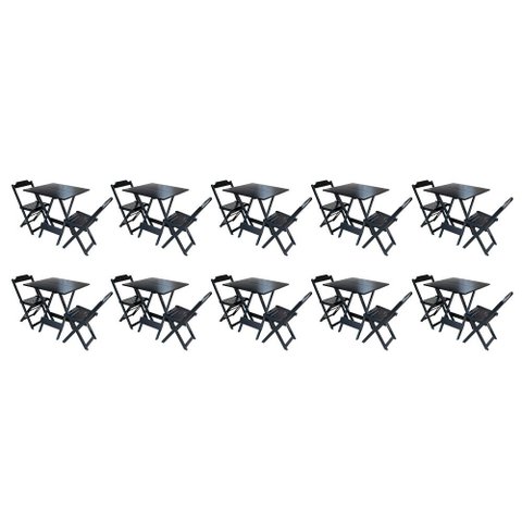 Kit 10 Conjuntos de Mesa Dobrável com 2 Cadeiras Madeira 70x70 Ideal para Bar Restaurante - Preto