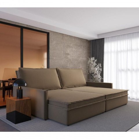 Sofá-Cama Retrátil Túnísia 4 Lugares e Reclinável 214cm Bege Suede