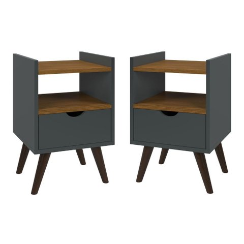 Kit Mesas de Cabeceira Alice com Gaveta 2 Peças e Pés Retro:cinza/freijo