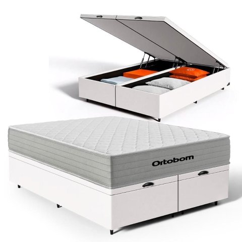 Cama Box Baú com Colchão de Molas Ensacadas Ortobom One Face Plenno Superpocket Queen 158cm