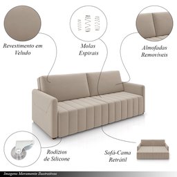 Sofá-cama Decorativo Retrátil Thanos 2 Lugares 192cm Veludo Bege G45 - Gran Belo - 3