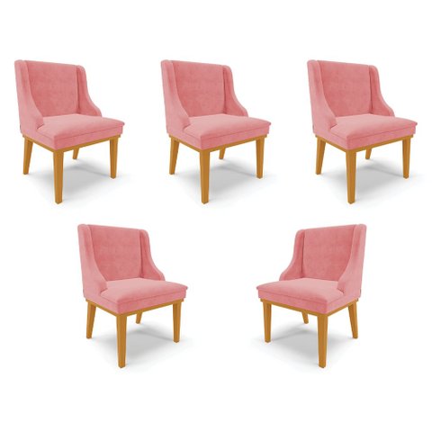 Kit 5 Cadeiras Decorativas Sala de Jantar Base Fixa de Madeira Firenze Suede Rose/Castanho G19 - Gra