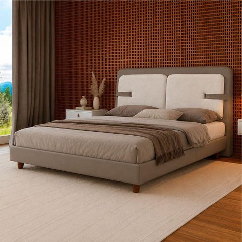 Cama Japonesa King Corea Yun Cabeceira Estofada Madeira Cinza e Off White Sallar Home