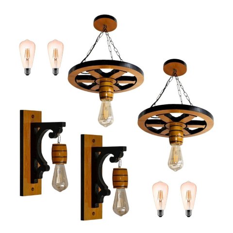 Kit Luminárias 2 Pendentes Roda de Carroça e 2 Arandelas de Parede - Cerejeira + Lâmpadas