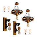 Ver imagem 1 de Kit Luminárias 2 Pendentes Roda de Carroça e 2 Arandelas de Parede - Cerejeira + Lâmpadas