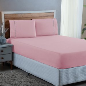 Jogo de Cama Solteiro Ponto Palito 2 Peças Lençol Algodão 300 Fios Cama Box:rose