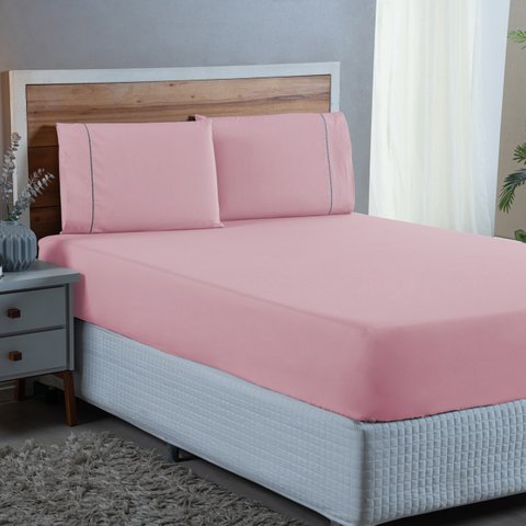 Jogo de Cama Solteiro Ponto Palito 2 Peças Lençol Algodão 300 Fios Cama Box:rose