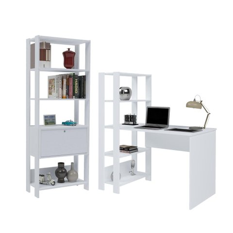 Conjunto Home Office Match c/ Escrivaninha e Estante Branco Artely