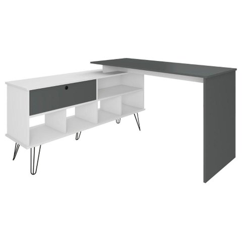 Mesa Escrivaninha Escritorio em L 5 Nichos 1 Porta 137x136 cm Grafito Branco Artany