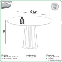 Conjunto Mesa de Jantar 1,35m com Vidro + 6 Cadeiras em Mdf - 3