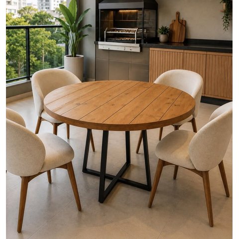 Mesa de Jantar Redonda Madeira Maciça e Pé Ferro 80cm Luxo