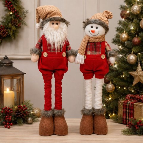 Kit Boneco de Neve e Papai Noel Retrátil Pelúcia Xadrez Premium Estica e Encolhe 35 a 45cm - Magizi