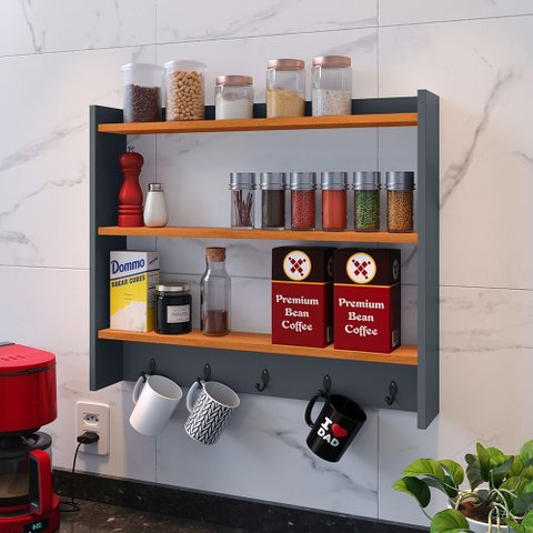 Armário Suspenso Suporte para Xícaras Cantinho do Café Organizador de Cozinha Amélia Cinza/ Cinamo