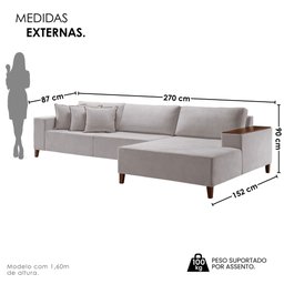 Sofá 4 Lugares com Chaise Linho 270cm Grécia Cinza - 4 Sofá 4 Lugares com Chaise Linho 270cm Grécia Cinza - 4