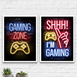 Kit 2 Quadros Gaming Zone 24x18cm:Madeira preta - 1