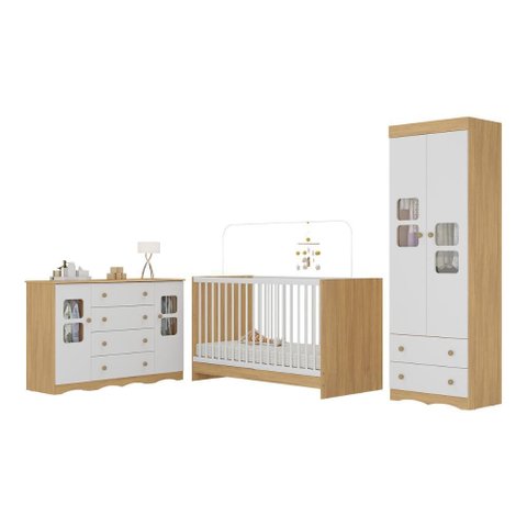 Quarto de Bebê Completo com Berço 3 em 1 para Colchão 130x60cm Serena Multimóveis Mp4531