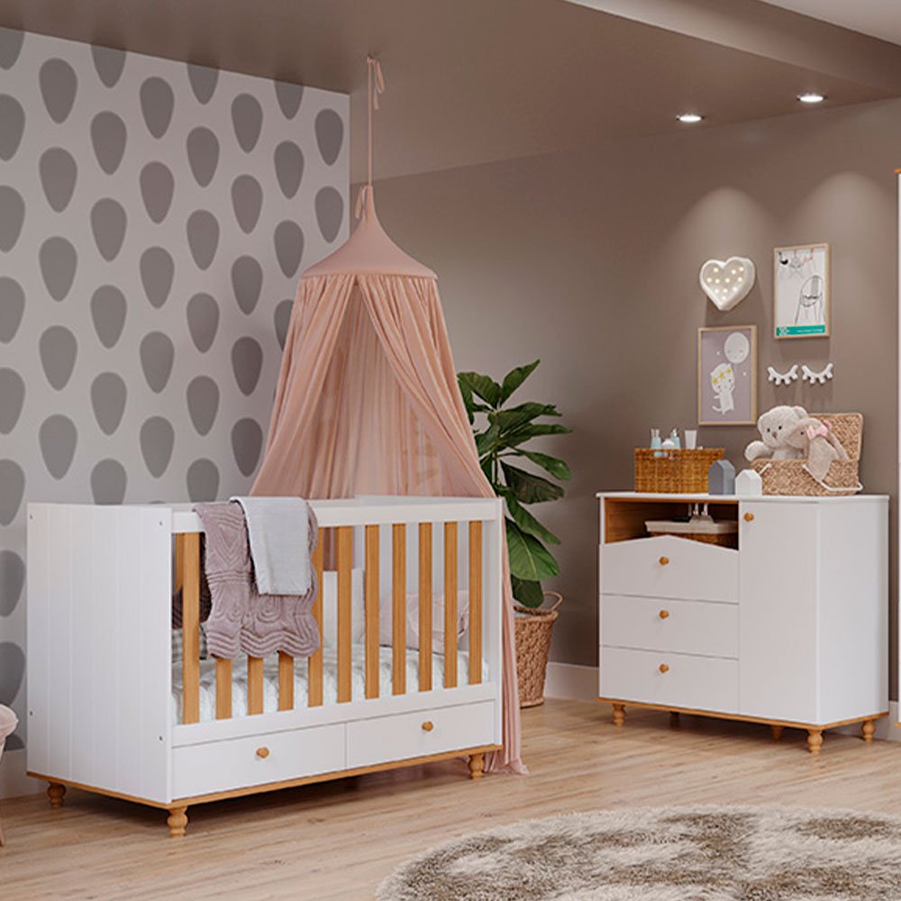 Quarto Infantil Berço sem Colchão + Comoda Branco/nature - Permóbili Baby Berço Candy, Comoda Casinh