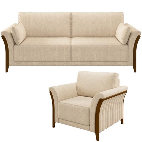 Kit Sofá 3 Lugares Sala Estar 222 com Poltrona Stefan Pés Madeira M03 Linho Bege - Lyam Decor