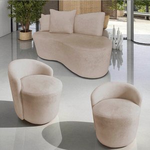 Kit Namoradeira + 2 Poltronas Yara Orgânica Suede Bege