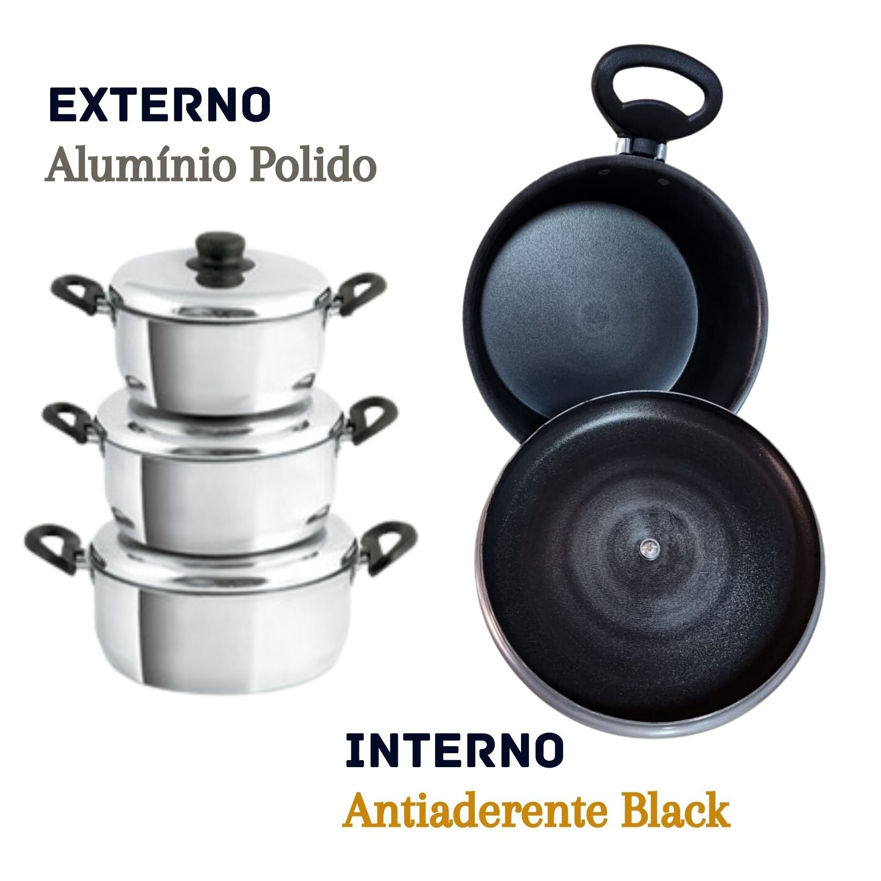 Conjunto de 3 Caçarolas Alumínio Interno Teflon Preto Lidermix Cc94 - 3