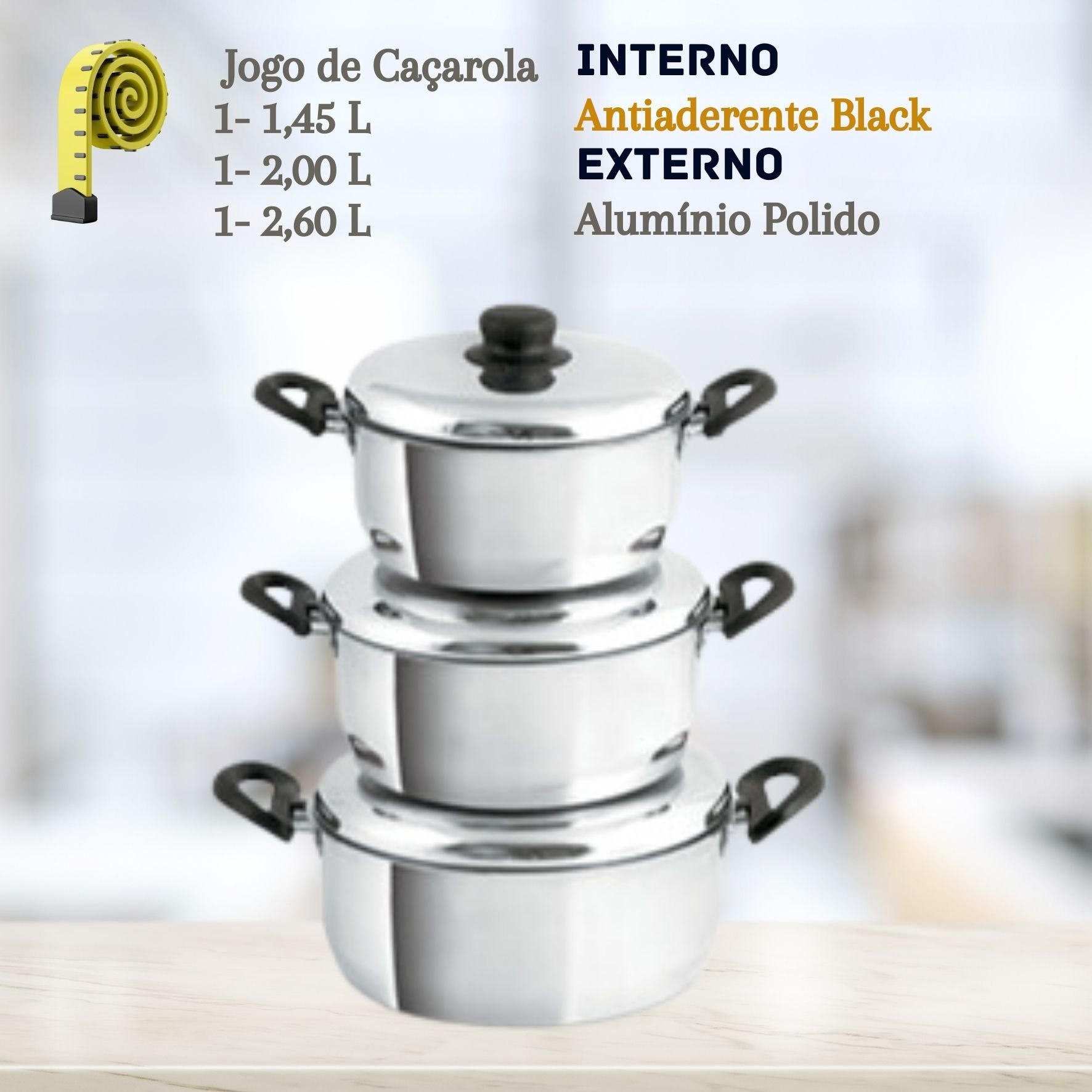 Conjunto de 3 Caçarolas Alumínio Interno Teflon Preto Lidermix Cc94 - 2