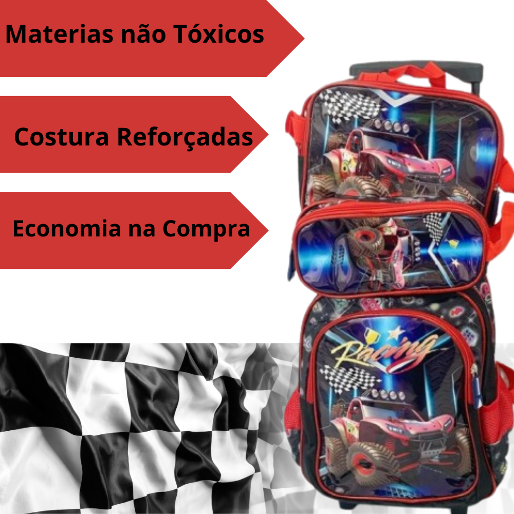 Kit Mochila Escolar Infantil com Rodinhas Carros Trilha Mais Lancheira e Estojo - 3